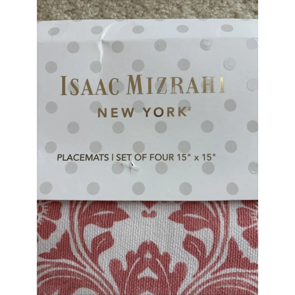 Cotton Placements Set of 12 Pink White Square Isaac Mizrahi Crochet Edge 15 x 15